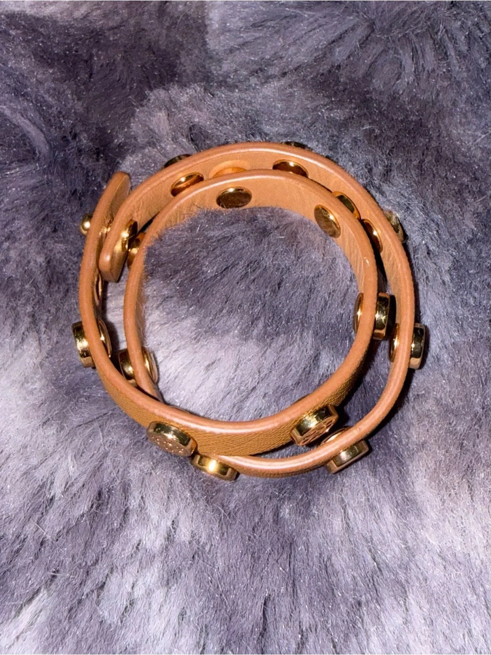 Tory Burch Camel Leather Double Wrap Bracelet with Gold Logos